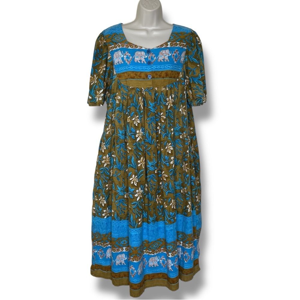 Daffodil Boho Caftan Muu Muu Midi House Dress Cotton Blue Floral Women Large